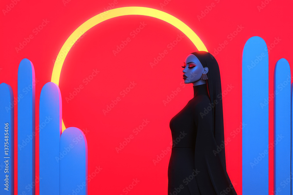 Poster a stylized neon render of an egyptian goddess framed by arcs of light and ancient architectural