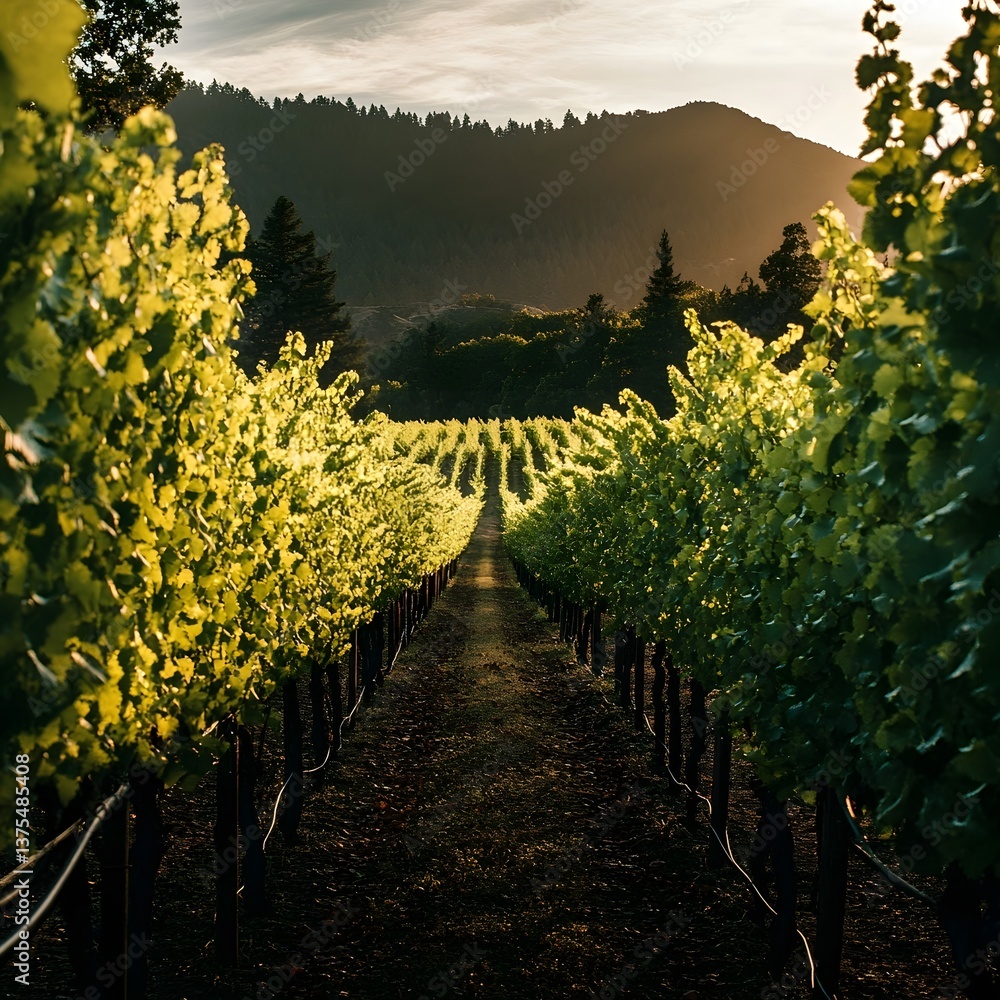Poster serene path winding through rows of lush grapevines leading towards forested mountains in the distan