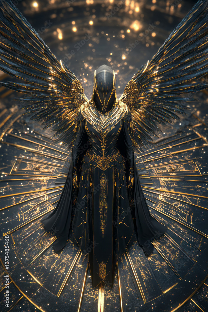 Poster an ai-generated vision of an egyptian goddess composed entirely of luminous geometry and sacred