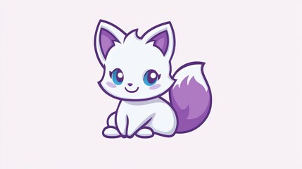 Cute white kitten purple tail sitting. Children's book illustration