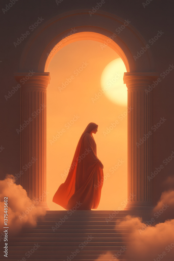 Poster a conceptual render of a greek goddess stepping through a portal of light and classical geometry,