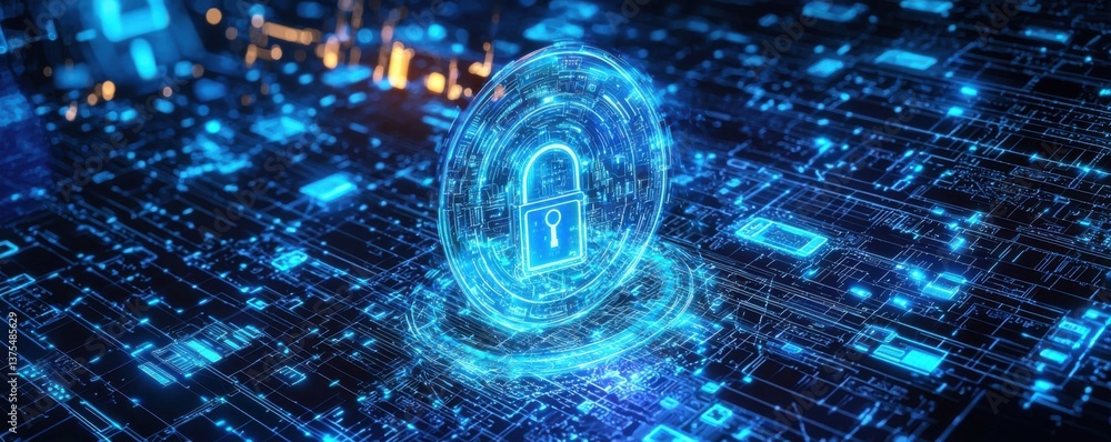 Poster a glowing digital padlock symbolizes cybersecurity amidst a complex network of blue circuitry and da