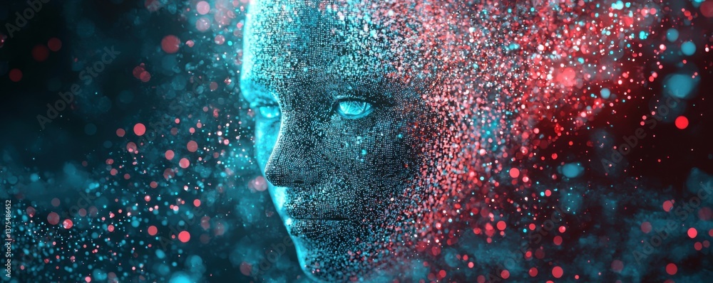 Poster a digital representation of a face made of particles, blending blue and red colors, suggesting theme