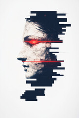 A digital statue face of a Greek goddess emerging from a black grid, her marble features glitching