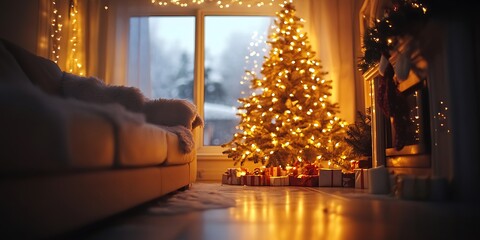 Obraz premium Completely Unfocused Golden Christmas Tree for Holiday, Festive, or Warm Seasonal Backgrounds