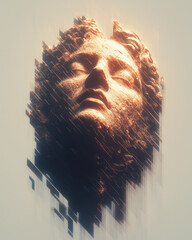 A conceptual render of a Greek goddess statue face caught mid-glitch, emerging from a warped