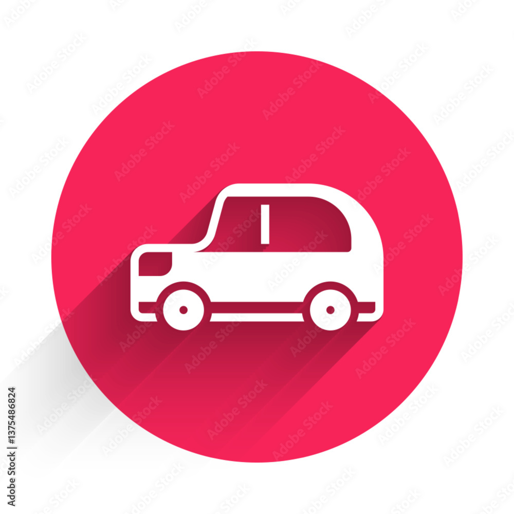 Poster white car icon isolated with long shadow background. red circle button. vector