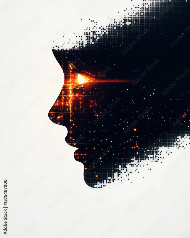 Poster a luminous, abstract representation of a digital goddess forming through matrix-like distortions