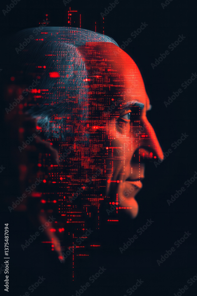 Leinwandbilder A glowing digital render of Franklinâ€™s classical profile surrounded by flickering code and grid