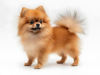 Obraz premium 7. A tiny Pomeranian with fluffy fur, standing on a white background