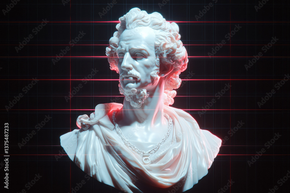 Aufkleber a luminous bust of franklin rendered in digital marble, fractured by glitch waves and visual