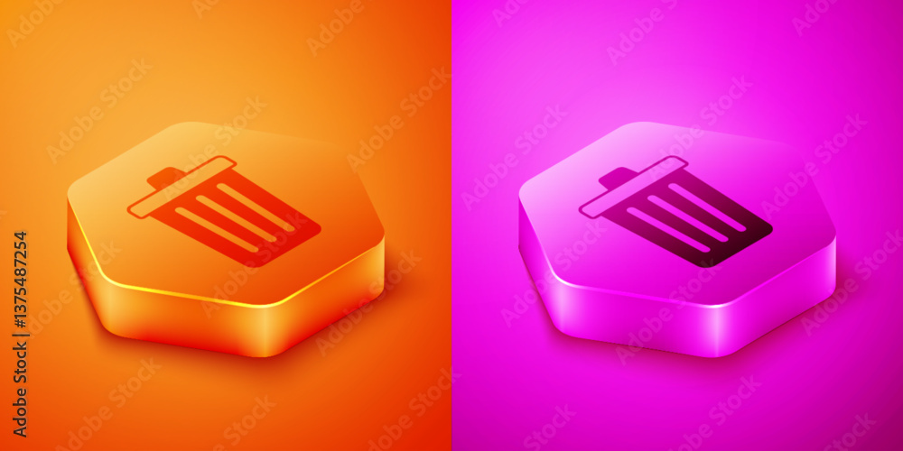Poster isometric trash can icon isolated on orange and pink background. garbage bin sign. recycle basket ic