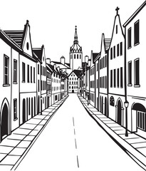 City landscape. Different buildings on street, outline cityscape hand sketch, flat houses. Hand drawn vector illustration