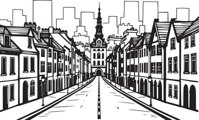 City landscape. Different buildings on street, outline cityscape hand sketch, flat houses. Hand drawn vector illustration