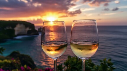 Obraz premium The view of Penida Island is very beautiful, the island has a couple clink wine, wine glass close-up, high definition