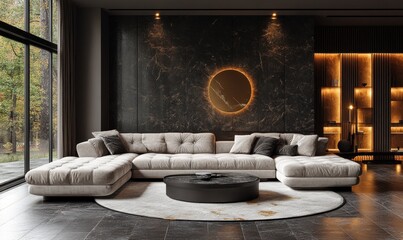 Elegant Modern Minimalist Living Room with Velvet Sofa and Marble Accents and Textured Wall Panels