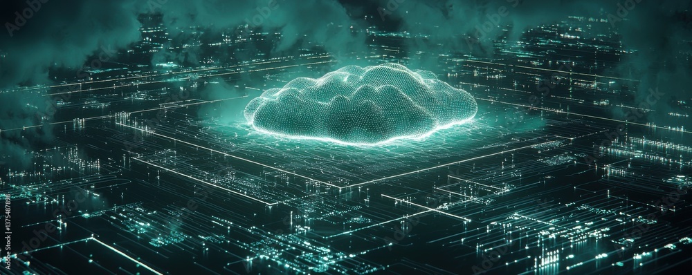 Poster a futuristic digital landscape featuring a glowing cloud with intricate network patterns, suggesting