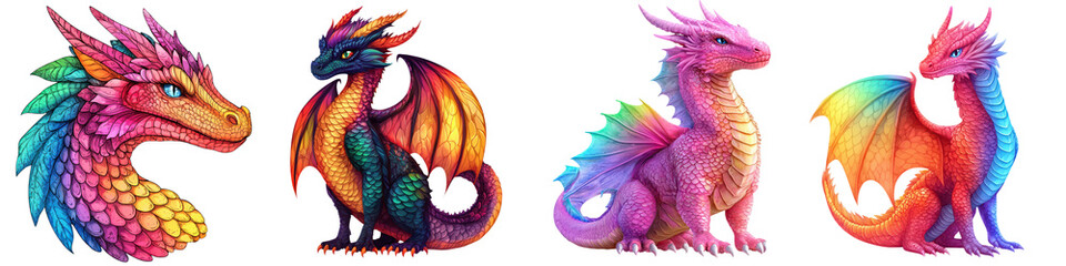 A collection of four striking and imaginative dragon with a unique and captivating design featuring vibrant otherworldly colors and intricate fantastical details © T Studio