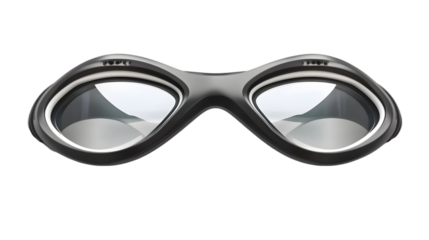 A pair of black framed goggles with clear lenses on a black background in a studio shot style view