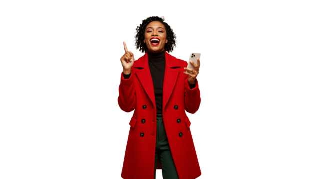 Joyful Woman in Red Coat Holding Smartphone and Pointing Upwards