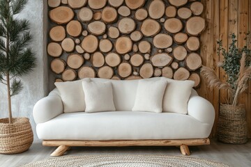 Cream colored couch with wooden accents sits in rustic room