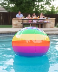 Colorful inflatable pool toy floats in backyard pool with family picnicking