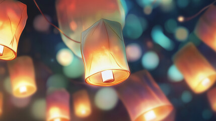 Floating lanterns glowing against a blurred bokeh background  