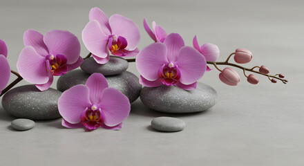 A serene arrangement of pink orchids intertwined with gray stones on a soft gray surface,