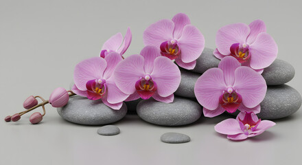 A serene arrangement of pink orchids intertwined with gray stones on a soft gray surface, emphasizing harmony and calm.