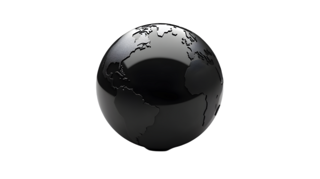 A glossy dark globe with visible continents against a stark black background creating a simple design