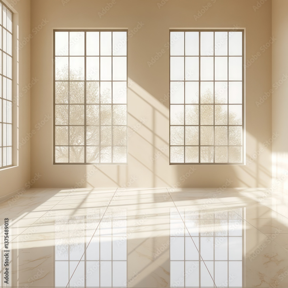 Poster light streams through windows into an empty beige colored room