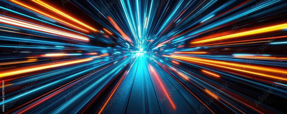 Poster motion blur city with futuristic skyline and digital technology concept. dynamic light streaks repre