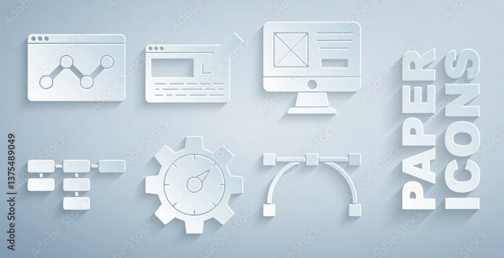 Poster set website statistic, ui or ux design, site map, bezier curve, and icon. vector