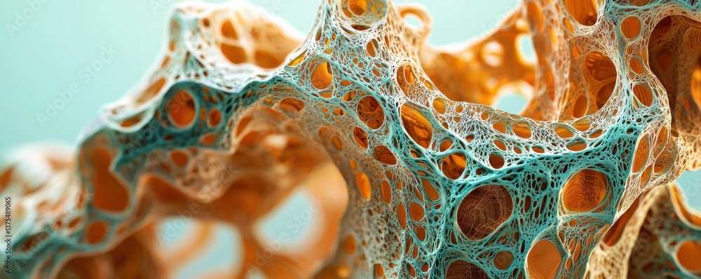 Poster a close-up view of a complex, organic structure featuring intricate patterns, with a blend of colors