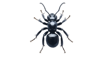 A top down view of a glossy black beetle with long antennae on a black background in sharp focus