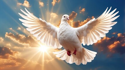 A white dove with outstretched wings soars gracefully against a backdrop of vibrant,