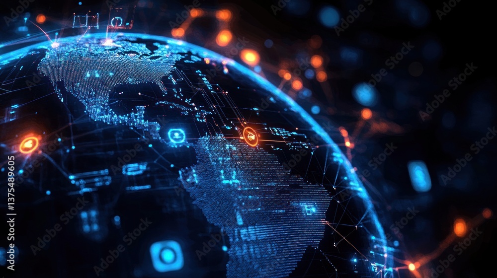Aufkleber global network visualization futuristic data nodes and earth holographic technology