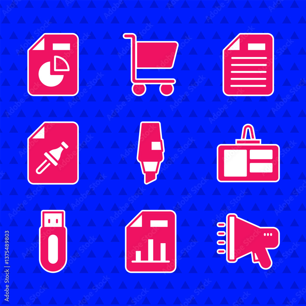 Poster set marker pen, document with graph chart, megaphone, identification badge, usb flash drive, note pa