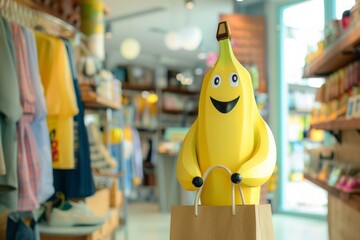 Cheerful Yellow Banana Character Shopping in Colorful Store Interior