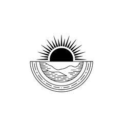 Minimalist Sunrise Landscape Illustration, Black and White Logo Design
