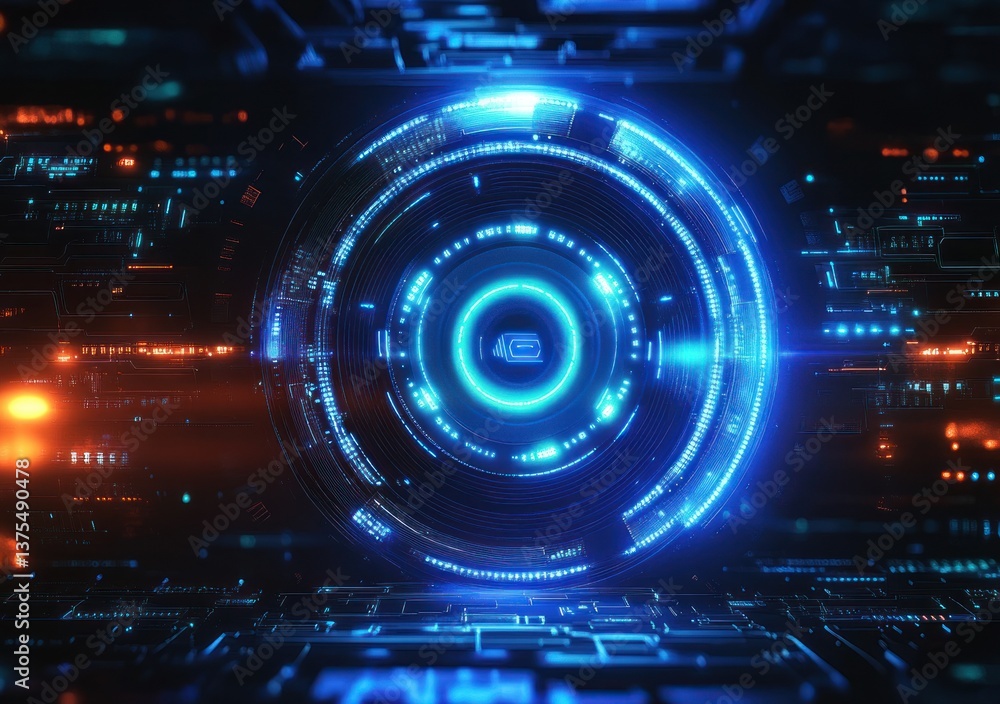 Poster futuristic digital interface with neon blue light and circuit patterns in cyberpunk art style