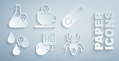 Set Drop of mercury, Thermometer, Acid rain, Poisonous spider, Coffee cup with skull and Beaker toxic liquid icon. Vector