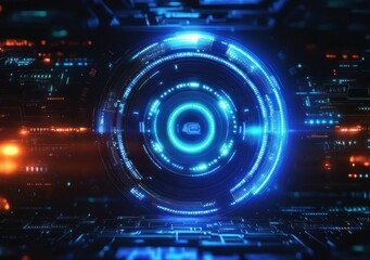 Fototapeta premium Futuristic Digital Interface with Neon Blue Light and Circuit Patterns in Cyberpunk Art Style