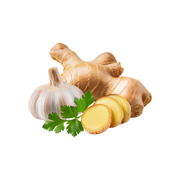 Ginger wih garlic and coriander leaf on transparent background