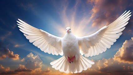 A white dove with outstretched wings soars gracefully against a backdrop of vibrant,