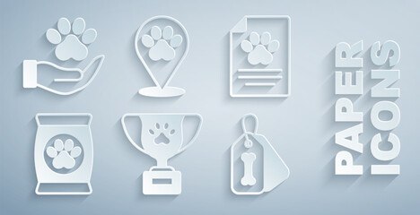 Set Pet award symbol, Medical clinical record pet, Bag of food for, Dog collar with bone, Location veterinary hospital and Hands animals footprint icon. Vector