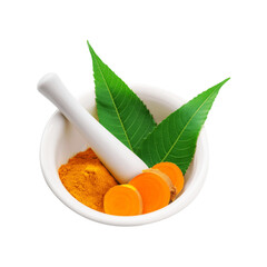 Turmeric powder and neem leaf in mortar and pestle on transparent background