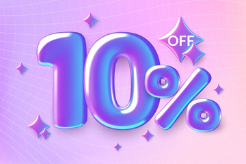 10 percent off 3d sale banner. Holographic iridescent foil number ten on y2k gradient background. Vector illustration.