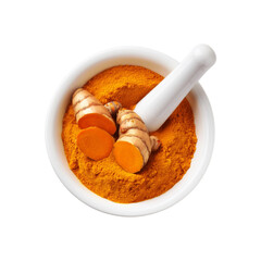 Top view of fresh turmeric powder mortar and pestle on transparent background