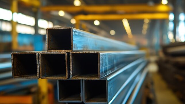 Stack of square metal tubes in factory with blurred background. It's useful for industrial, construction, or manufacturing concepts.